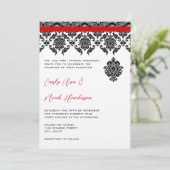 Zwart Damast Op Witte Huwelijksuitnodiging Met Rod Kaart (Staand voorkant)