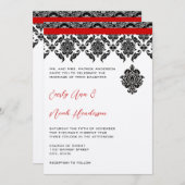 Zwart Damast Op Witte Huwelijksuitnodiging Met Rod Kaart (Voorkant / Achterkant)