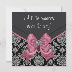 Zwart Damast Roze Bow Princess Baby shower Kaart
