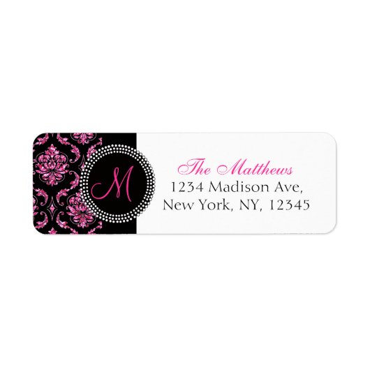 Zwart Damast Roze Glitter Monogram Etiket (Voorkant)