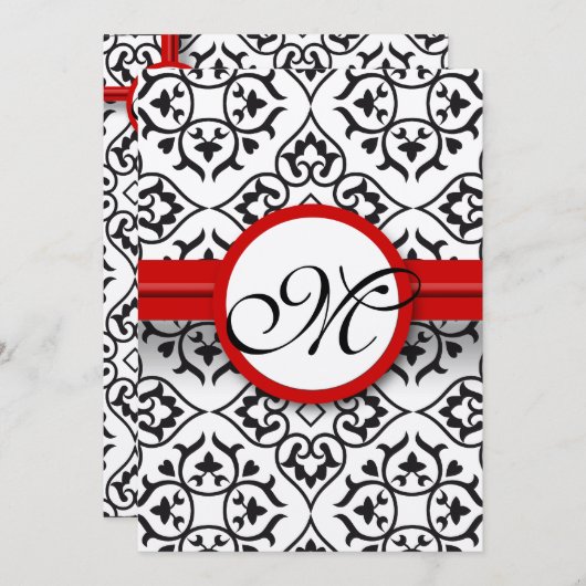 Zwart Damast Side Borders Rood Trim Bruiloft Kaart (Voorkant / Achterkant)