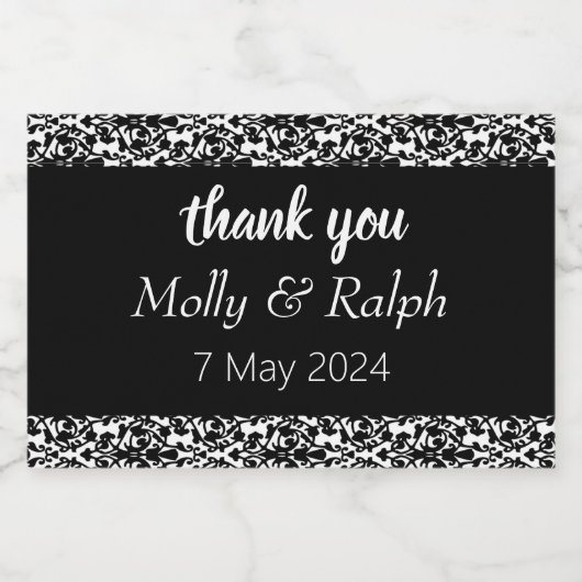 Zwart decoratief damast wit bruiloft sparkling wijnetiket (Enkel label)