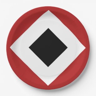 Zwart diamant, witte rand, rood papieren bordje
