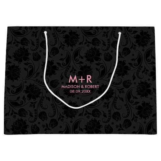 Zwart & Donker Grijs Damasks Custom Roze Bruiloft Groot Cadeauzakje (Voorkant)