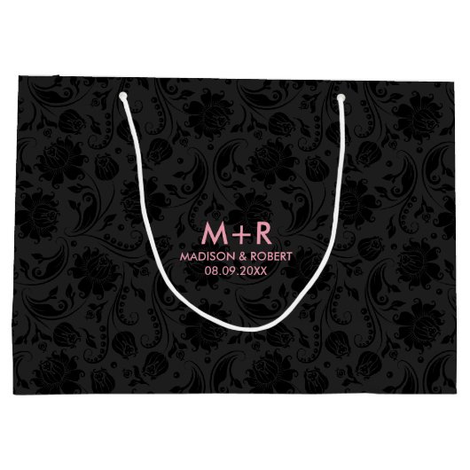 Zwart & Donker Grijs Damasks Custom Roze Bruiloft Groot Cadeauzakje (Achterkant)