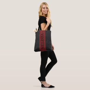 Zwart & donkerrood gestikt leer textuur tote bag