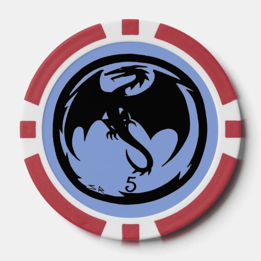 Zwart Dragon blauw rood 5 gestreepte poker chip (Voorkant)