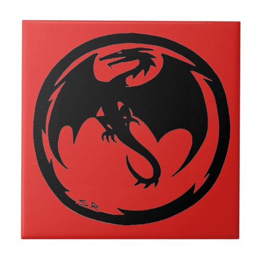 Zwart dragon Rood klein tegel Tegeltje (Voorkant)