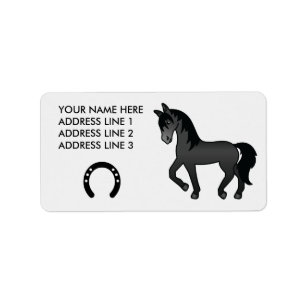 Zwart Dravend Tekenfilm Paard Etiket