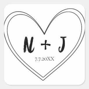 Zwart Dun Hart Gepersonaliseerde Bruiloft Vierkante Sticker
