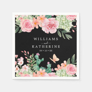 Zwart Dusty Blush Roze & Perzik Bloemen Bruiloft Servet