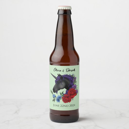 Zwart Eenhoorn Paarse Rood Salie Bloemen Bruiloft Bier Etiket (Voorkant)