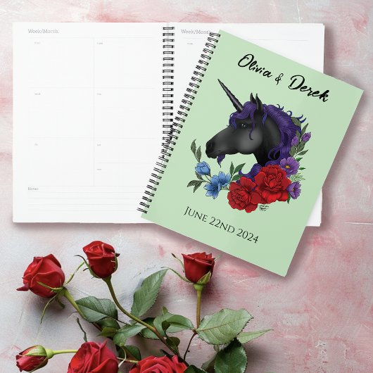 Zwart Eenhoorn Paarse Rood Salie Bloemen Bruiloft Planner