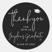 Zwart Eenvoudig Modern Script Afstuderen dank u Ronde Sticker (Voorkant)