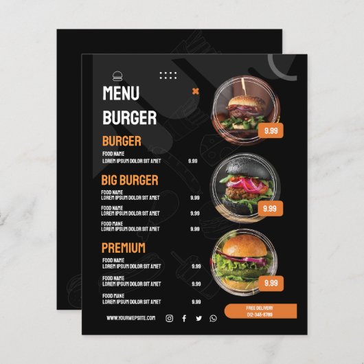 Zwart Elegant Burger Restaurant Menu Uitnodiging (Voorkant / Achterkant)
