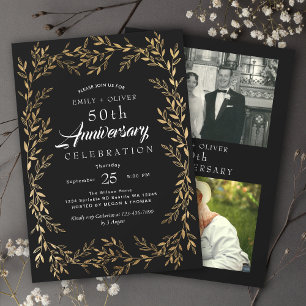 Zwart Elegant Gold Leaf Jubileum Foto Kaart