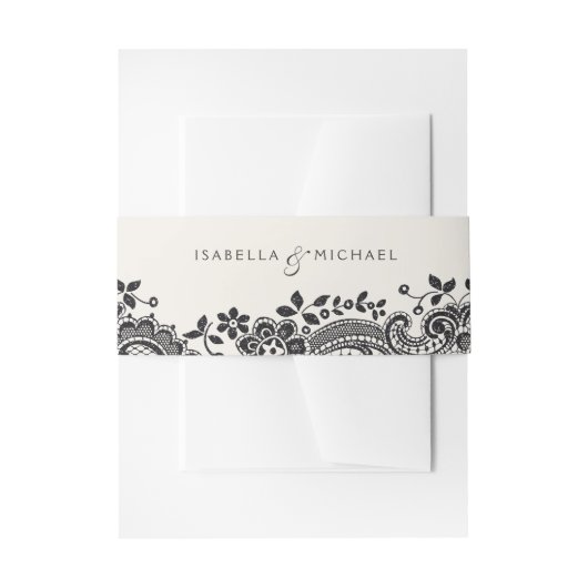 Zwart elegant  kant bruiloft monogram uitnodigingen wikkel (Voorkant Voorbeeld)