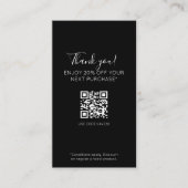 Zwart Elegant Minimaal Script Promo Korting QR Visitekaartje (Voorkant)