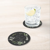 Zwart elegant modern botanisch script bruiloft ronde kartonnen onderzetter (Insitu)