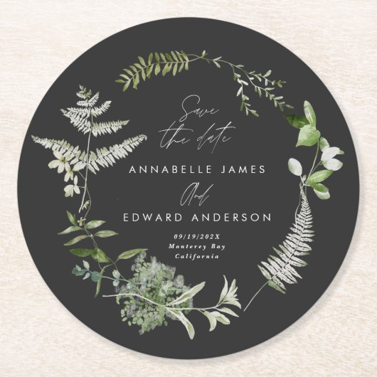 Zwart elegant modern botanisch script bruiloft ronde kartonnen onderzetter (Voorkant)