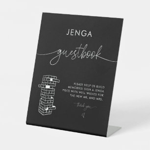 Zwart Elegant Modern Jenga Gastenboek Trouwbord Reclamebord Met Voetstuk