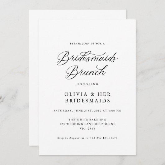 Zwart Elegant Modern Script Bruidsmeisjes Brunch Kaart (Voorkant / Achterkant)