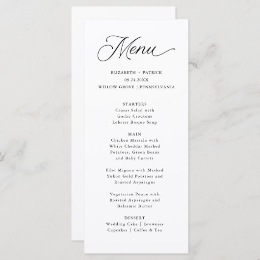 Zwart Elegant Modern Script Kalligrafie Menu (Voorkant / Achterkant)