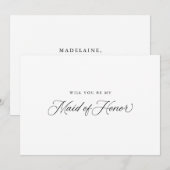 Zwart Elegant Modern Script Maid of Honor Voorstel Kaart (Voorkant / Achterkant)