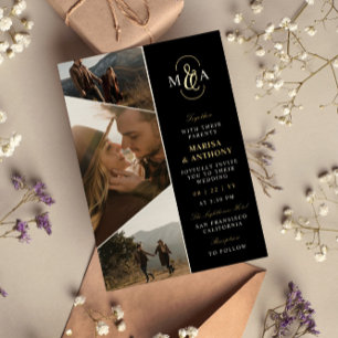 Zwart Elegant Monogram Asymmetrische Foto's Bruilo Folie Uitnodiging