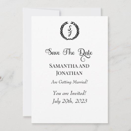 Zwart elegant monogram met spaar de Kaart Datum op (Voorkant)