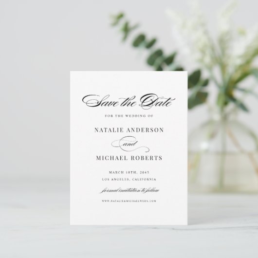 Zwart elegant script de datum opslaan briefkaart (Staand voorkant)