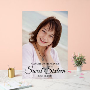 Zwart Elegant Script Sweet Sixteen Foto Acryl Bord