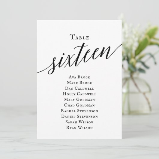 Zwart Elegant Script Tabel Nummer 16 Zitplaatsen G Kaart (Staand voorkant)