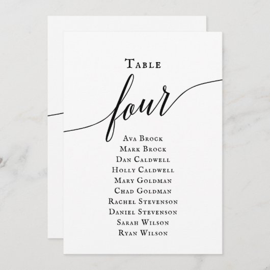 Zwart elegant script tabel nummer 4 kaart (Voorkant / Achterkant)
