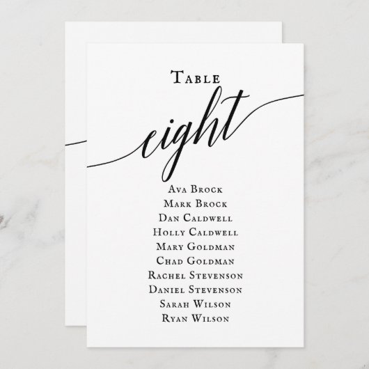 Zwart elegant script tabel nummer 8 kaart (Voorkant / Achterkant)