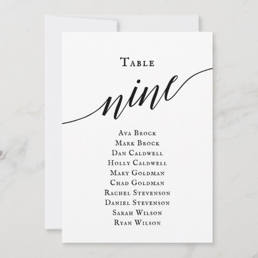 Zwart Elegant Script Tabel Nummer 9 Zitplaatskaart Kaart (Achterkant)