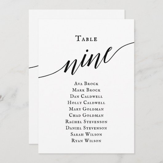 Zwart Elegant Script Tabel Nummer 9 Zitplaatskaart Kaart (Voorkant / Achterkant)
