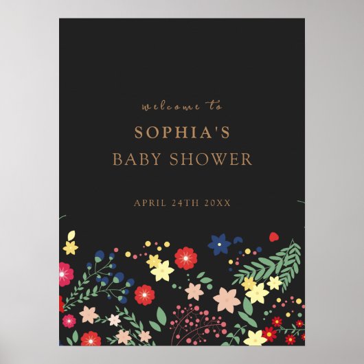 Zwart Elegant Wildflower Baby shower Welkom Poster (Voorkant)