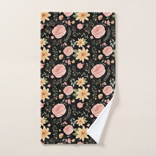 Zwart Elegant Wildflower Roos Pattern Bad Handdoek (Handdoek)