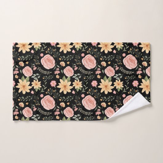 Zwart Elegant Wildflower Roos Pattern Bad Handdoek (Handdoek)