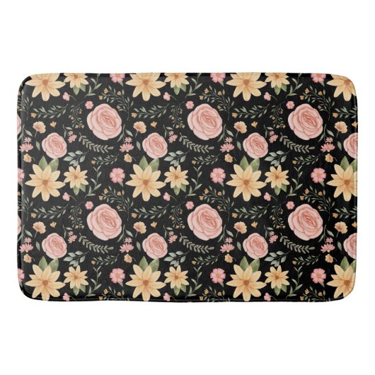 Zwart Elegant  Wildflower Roos Pattern Badmat (Voorkant)