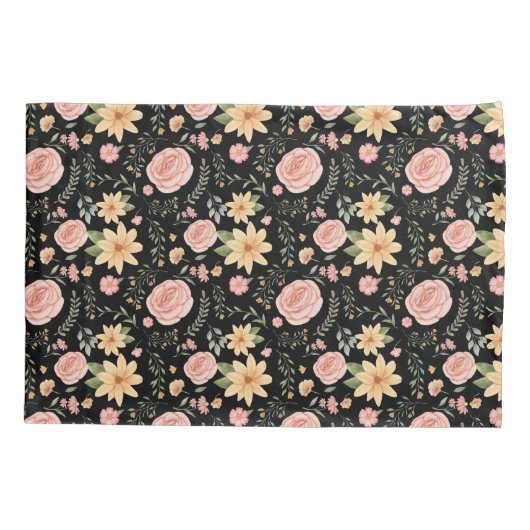 Zwart Elegant  Wildflower Roos Pattern Kussensloop (Achterkant)