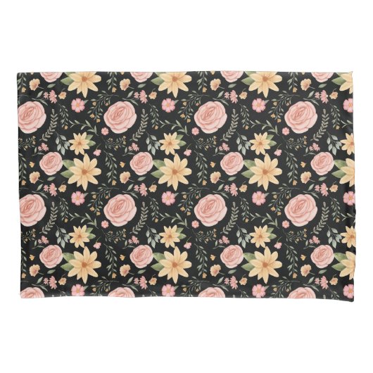 Zwart Elegant  Wildflower Roos Pattern Kussensloop (Voorkant)