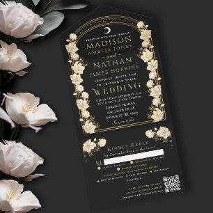 Zwart Elegante Arch Art Nouveau QR Code Huwelijk All In One Uitnodiging