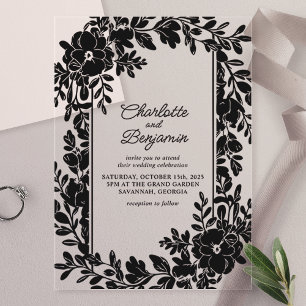Zwart Elegante Bloemen Border Wedding Acryl Uitnodigingen
