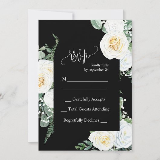Zwart Elegante Witte Rozen Trouwen RSVP Kaart (Voorkant)