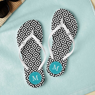 Zwart en Aqua Diamanten Monogrammed Teenslippers