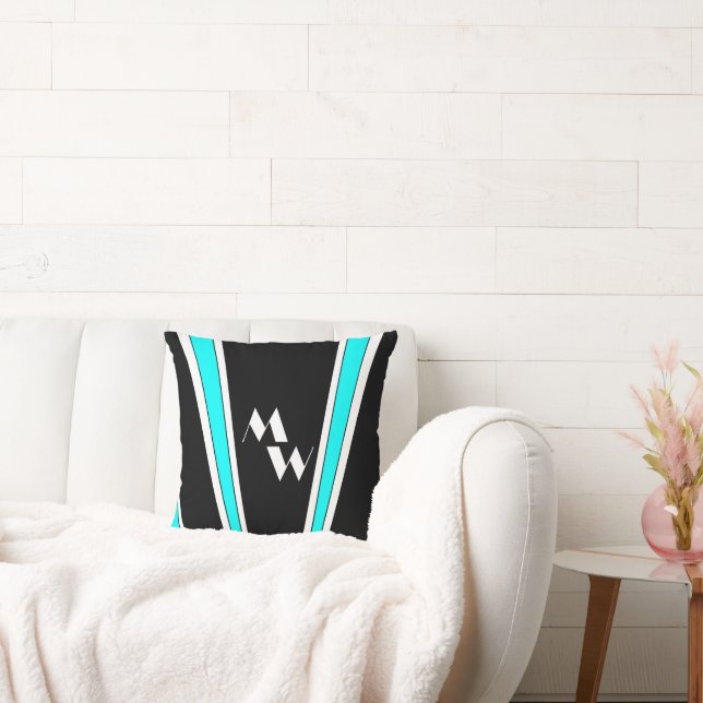 Zwart en blauw Art Deco Design Monogrammed Kussen (Bank)
