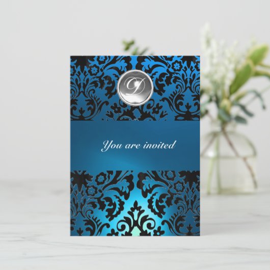 ZWART EN BLAUW DAMASK GEM MONOGRAM wit Kaart (Staand voorkant)