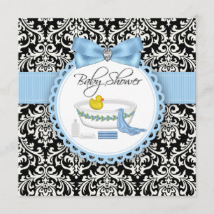 Zwart en blauw damast badtijd baby shower kaart